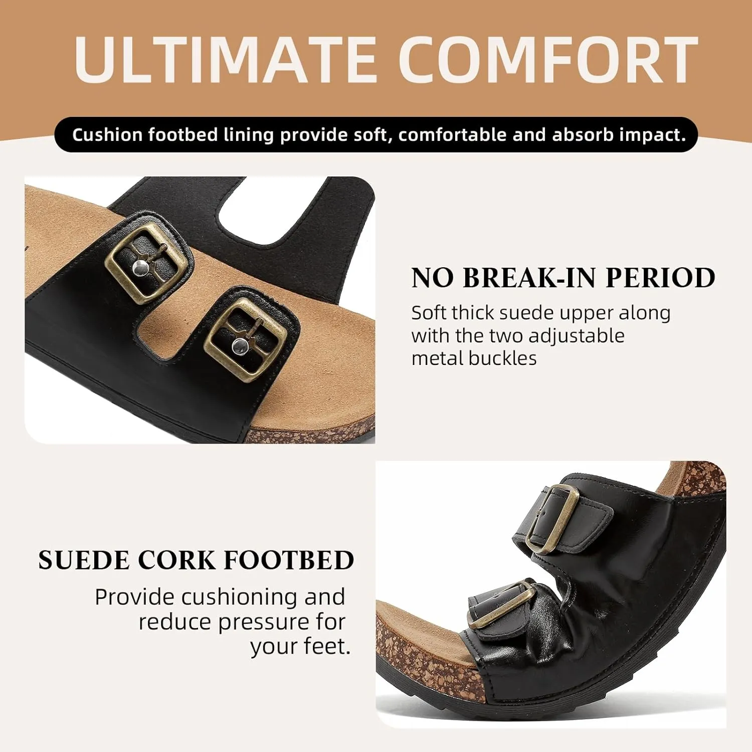 Cork Footbed Sandals Women Men, Arch Support Summer Beach Slide Slip On Slippers with Adjustable Buckle Outdoor Indoor