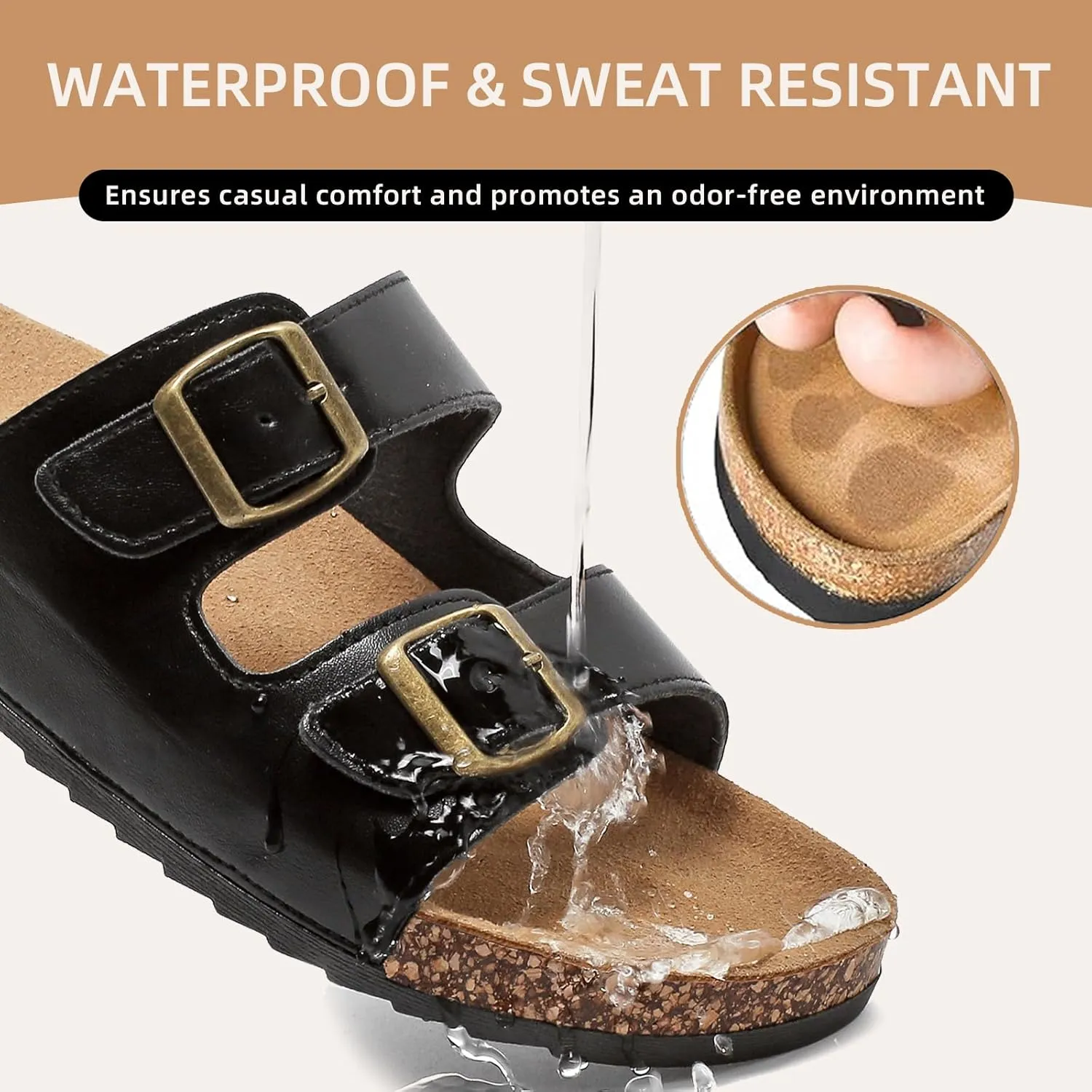 Cork Footbed Sandals Women Men, Arch Support Summer Beach Slide Slip On Slippers with Adjustable Buckle Outdoor Indoor