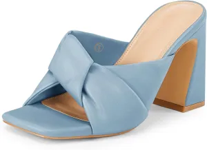 Coutgo Womens Chunky Heeled Mules Puffy Knot Square Open Toe Slip On Sandals Summer Evening Party Prom Shoes