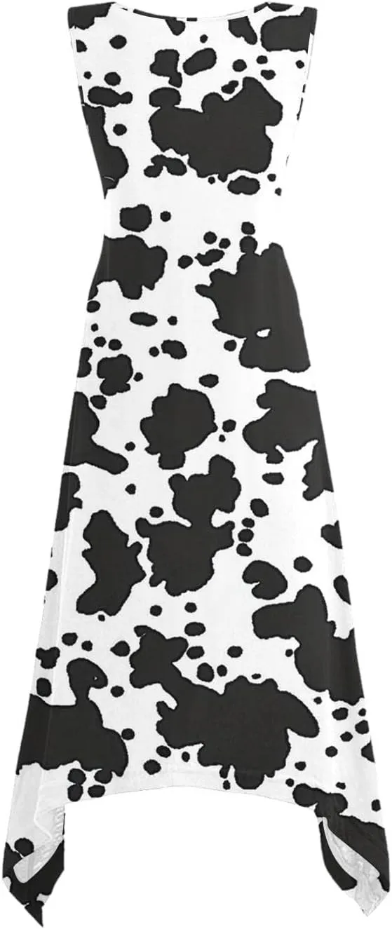 Cow Print Dress Women Sleeveless A Line Flowy Casual Dress Round Neck Unique Pattern Holiday Vacation Resort Daily