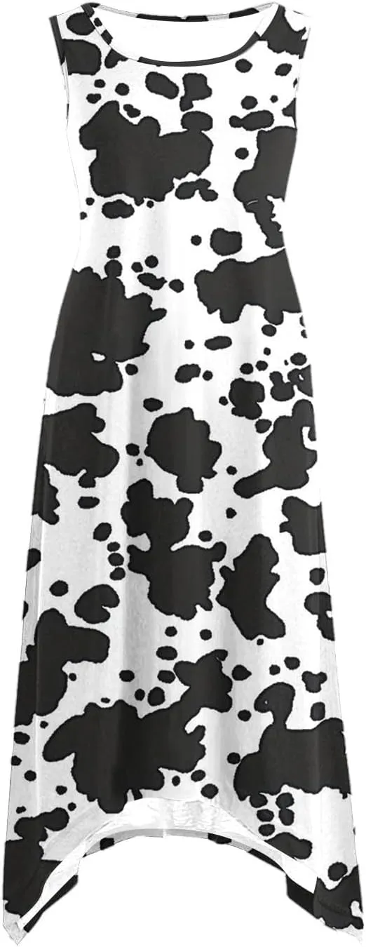 Cow Print Dress Women Sleeveless A Line Flowy Casual Dress Round Neck Unique Pattern Holiday Vacation Resort Daily