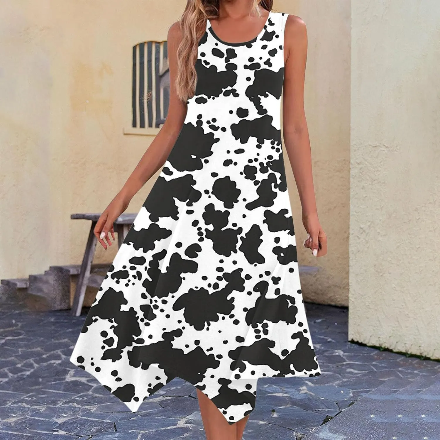 Cow Print Dress Women Sleeveless A Line Flowy Casual Dress Round Neck Unique Pattern Holiday Vacation Resort Daily