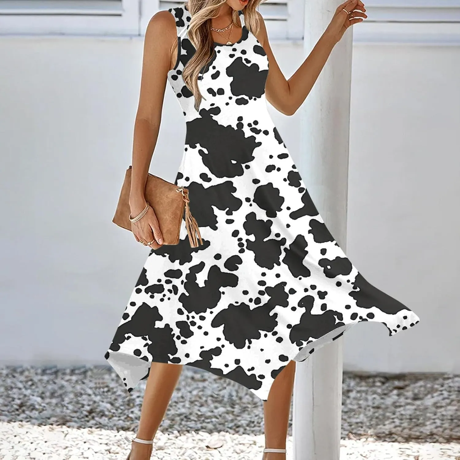 Cow Print Dress Women Sleeveless A Line Flowy Casual Dress Round Neck Unique Pattern Holiday Vacation Resort Daily