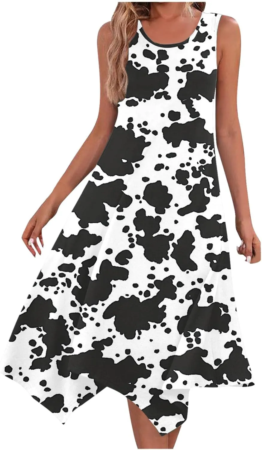 Cow Print Dress Women Sleeveless A Line Flowy Casual Dress Round Neck Unique Pattern Holiday Vacation Resort Daily