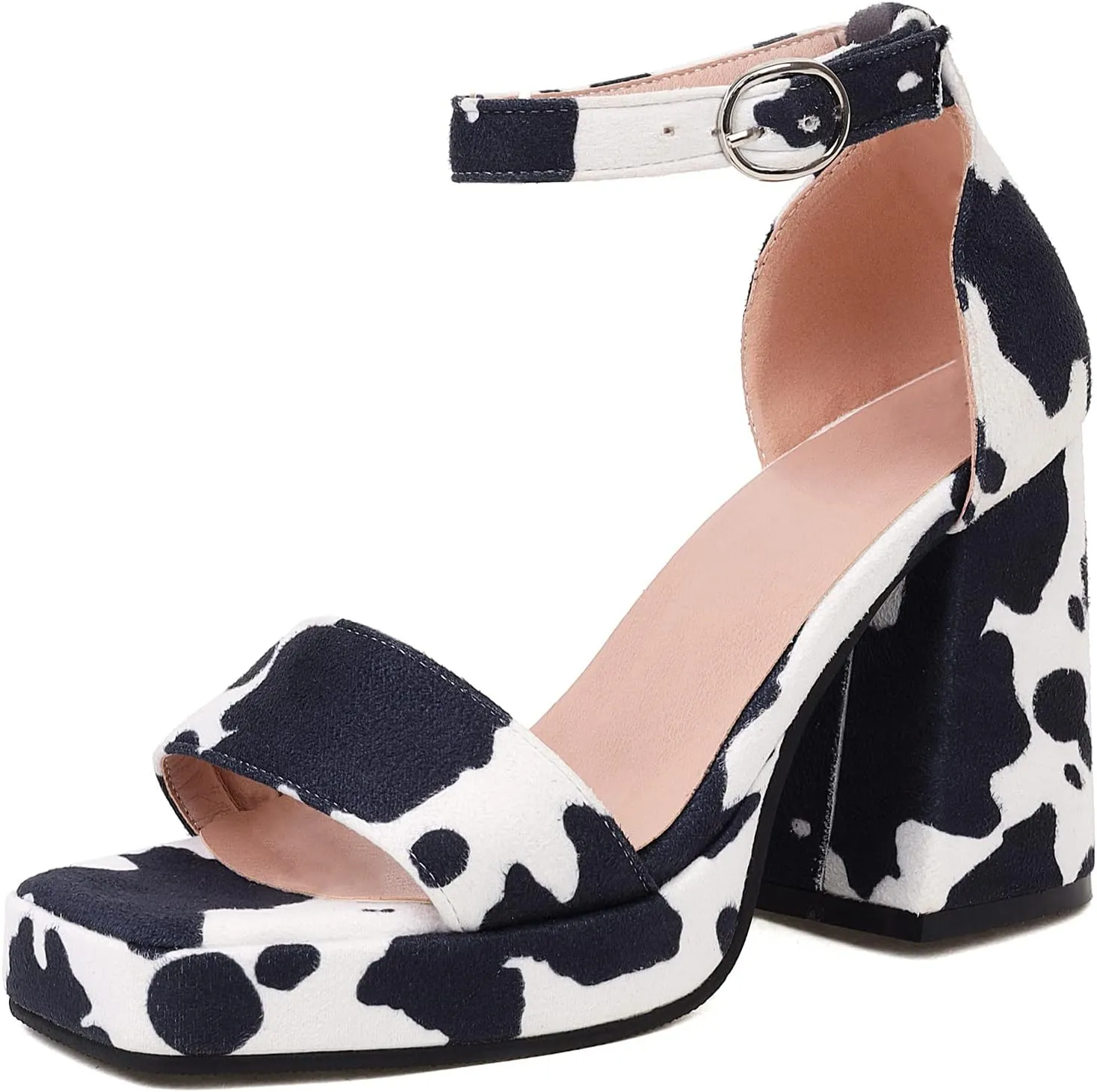 Cozivwaiy Square Toe Heels Sandals Cow Print for Women Cute Chunky Platform Sandals Cow Party Dress Heels Printed