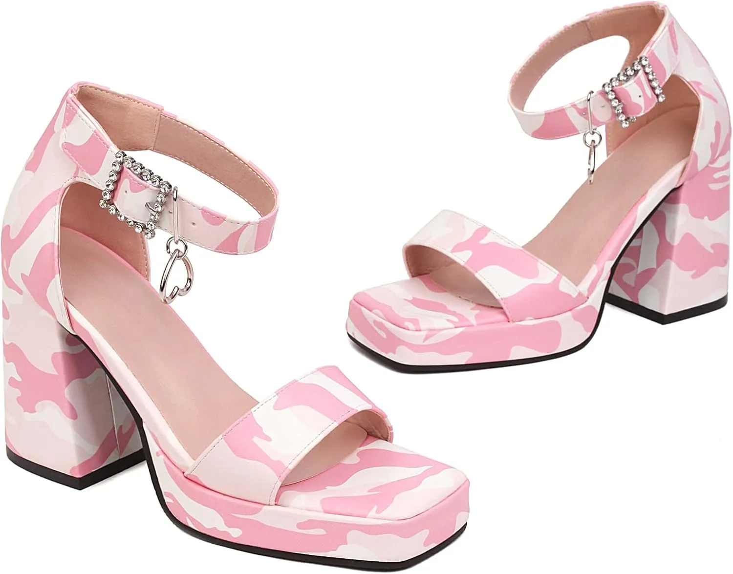 Cozivwaiy Square Toe Heels Sandals Cow Print for Women Cute Chunky Platform Sandals Cow Party Dress Heels Printed