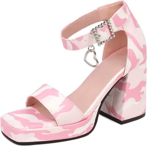 Cozivwaiy Square Toe Heels Sandals Cow Print for Women Cute Chunky Platform Sandals Cow Party Dress Heels Printed