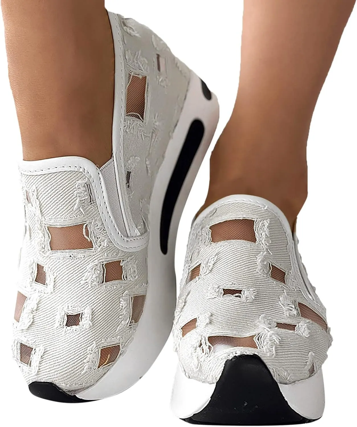 Crzidha Platform Wedge Fashion Sneakers for Women,Embroidery Floral Sheer Mesh Lace Walking Dress Shoes with Arch Support Chunky Hidden High Heels Slip On Loafers Dressy Low Top Play Sneakers