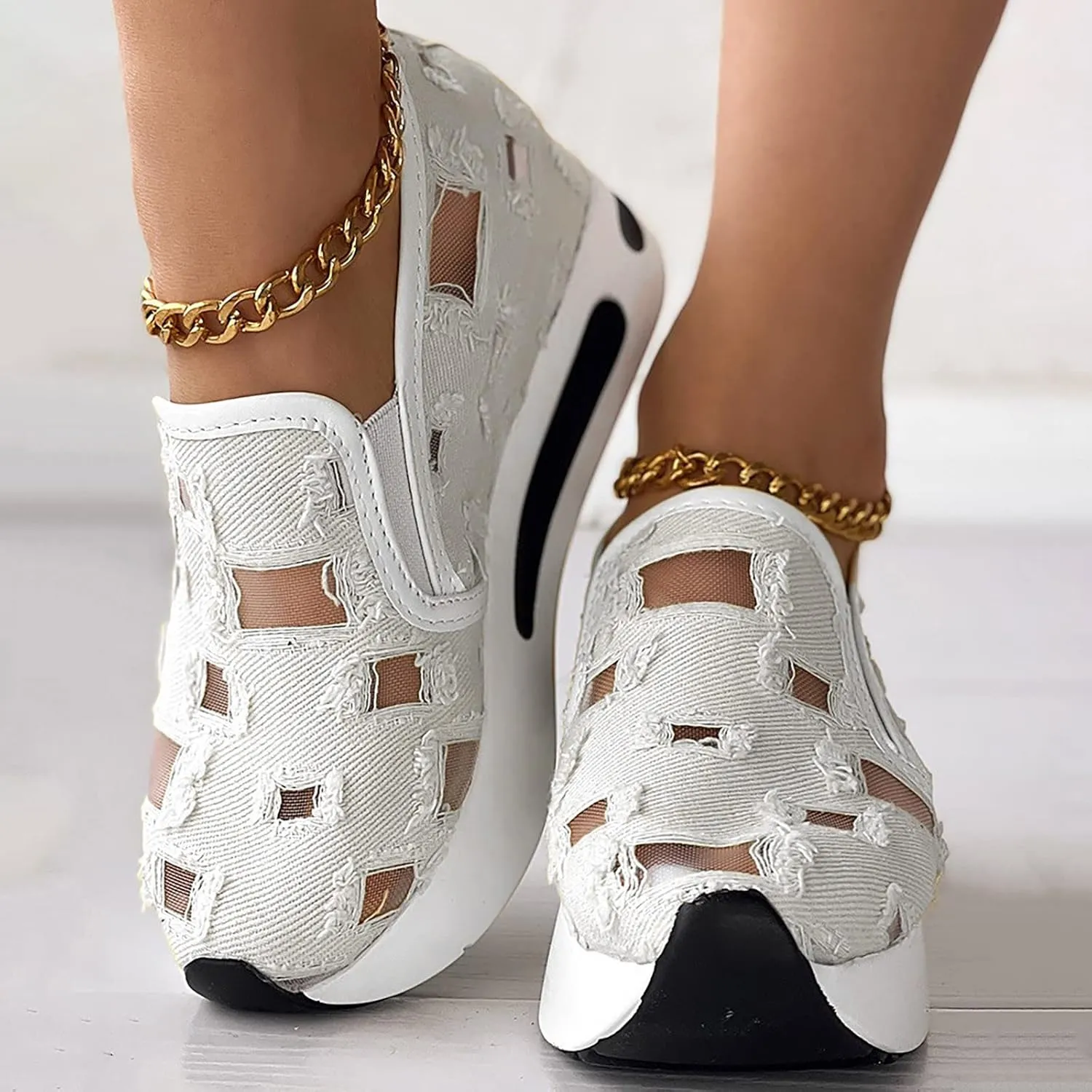 Crzidha Platform Wedge Fashion Sneakers for Women,Embroidery Floral Sheer Mesh Lace Walking Dress Shoes with Arch Support Chunky Hidden High Heels Slip On Loafers Dressy Low Top Play Sneakers