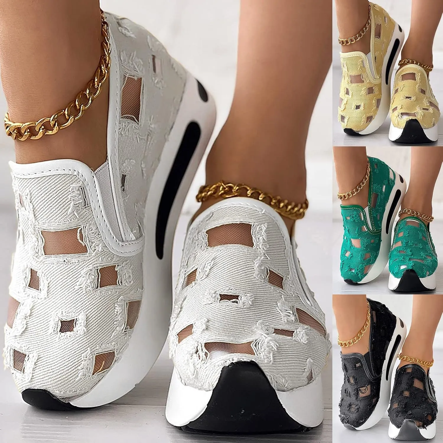 Crzidha Platform Wedge Fashion Sneakers for Women,Embroidery Floral Sheer Mesh Lace Walking Dress Shoes with Arch Support Chunky Hidden High Heels Slip On Loafers Dressy Low Top Play Sneakers