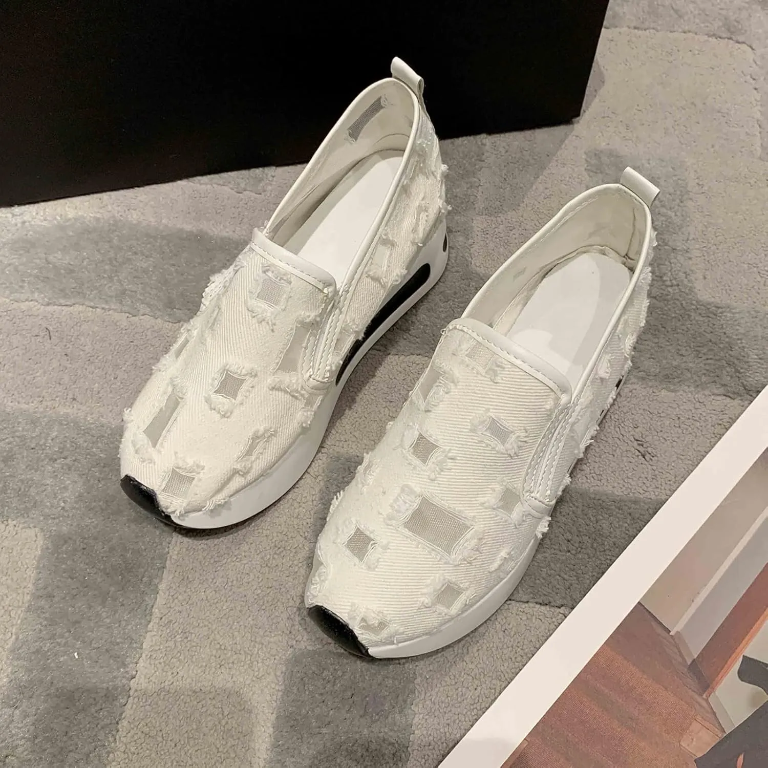 Crzidha Platform Wedge Fashion Sneakers for Women,Embroidery Floral Sheer Mesh Lace Walking Dress Shoes with Arch Support Chunky Hidden High Heels Slip On Loafers Dressy Low Top Play Sneakers