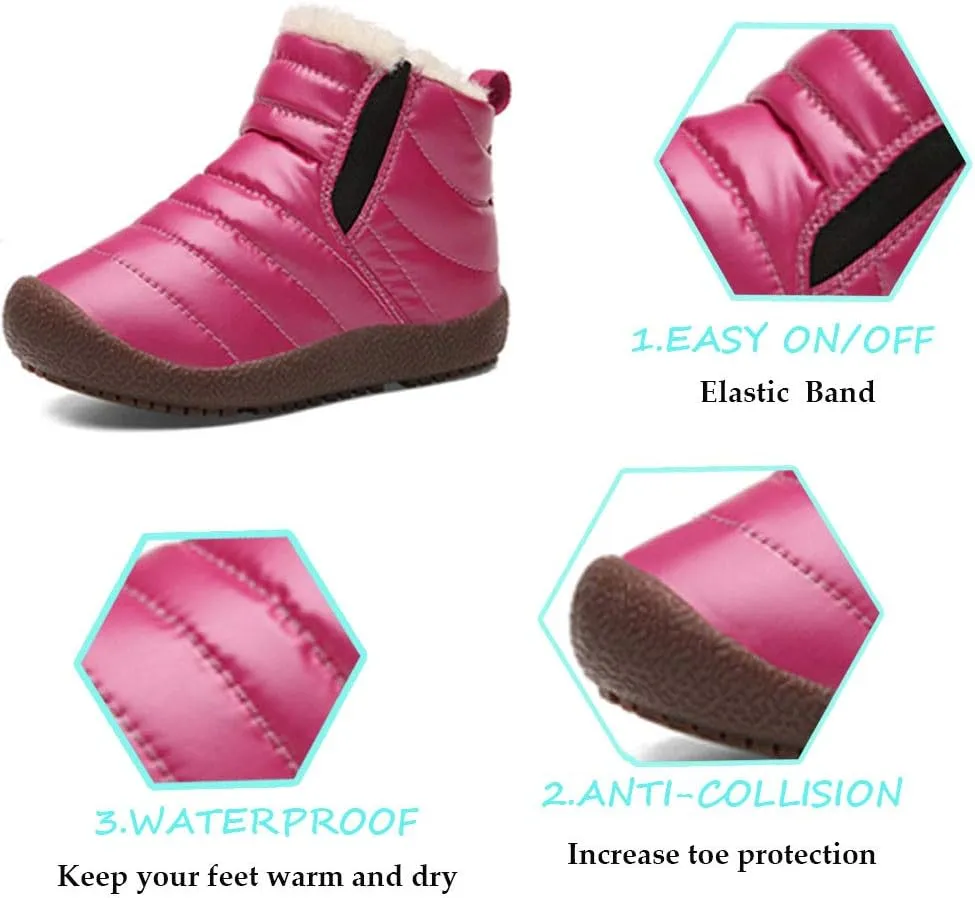 CT-Tebrun Boys Girls Winter Snow Boots Outdoor Kids Boots Slip-on Lightweight Waterproof Cold Weather Side Zipper Short Ankle Boots Warm Fur Lined(Toddler/Little Kid/Big Kid)