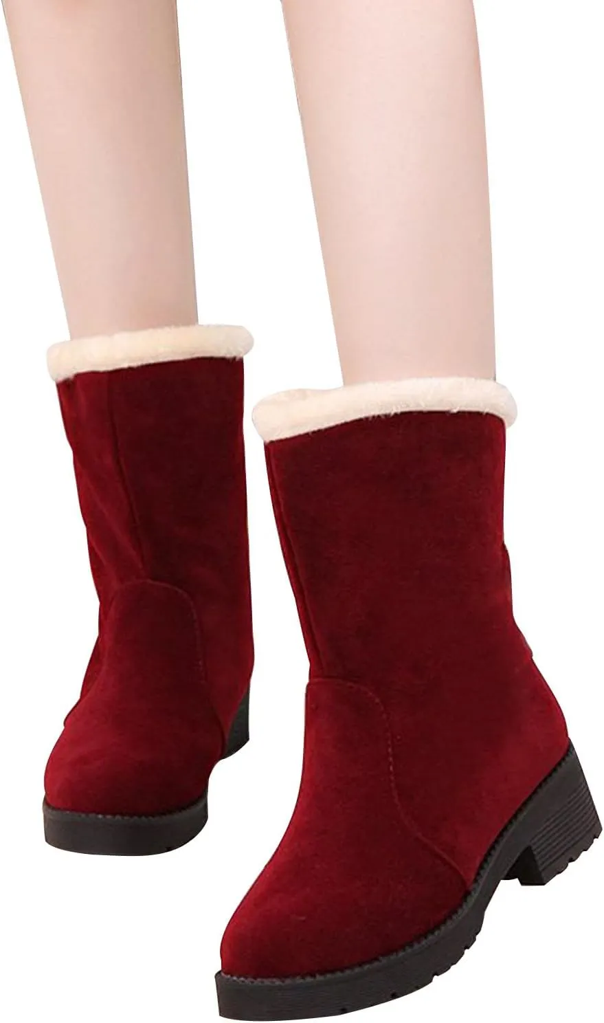 Ctreela Slouchy Mid-Calf Snow Boots for Women Slip on Outdoor Winter Booties Fur Warm Lined Comfort Wide Calf Combat Boot