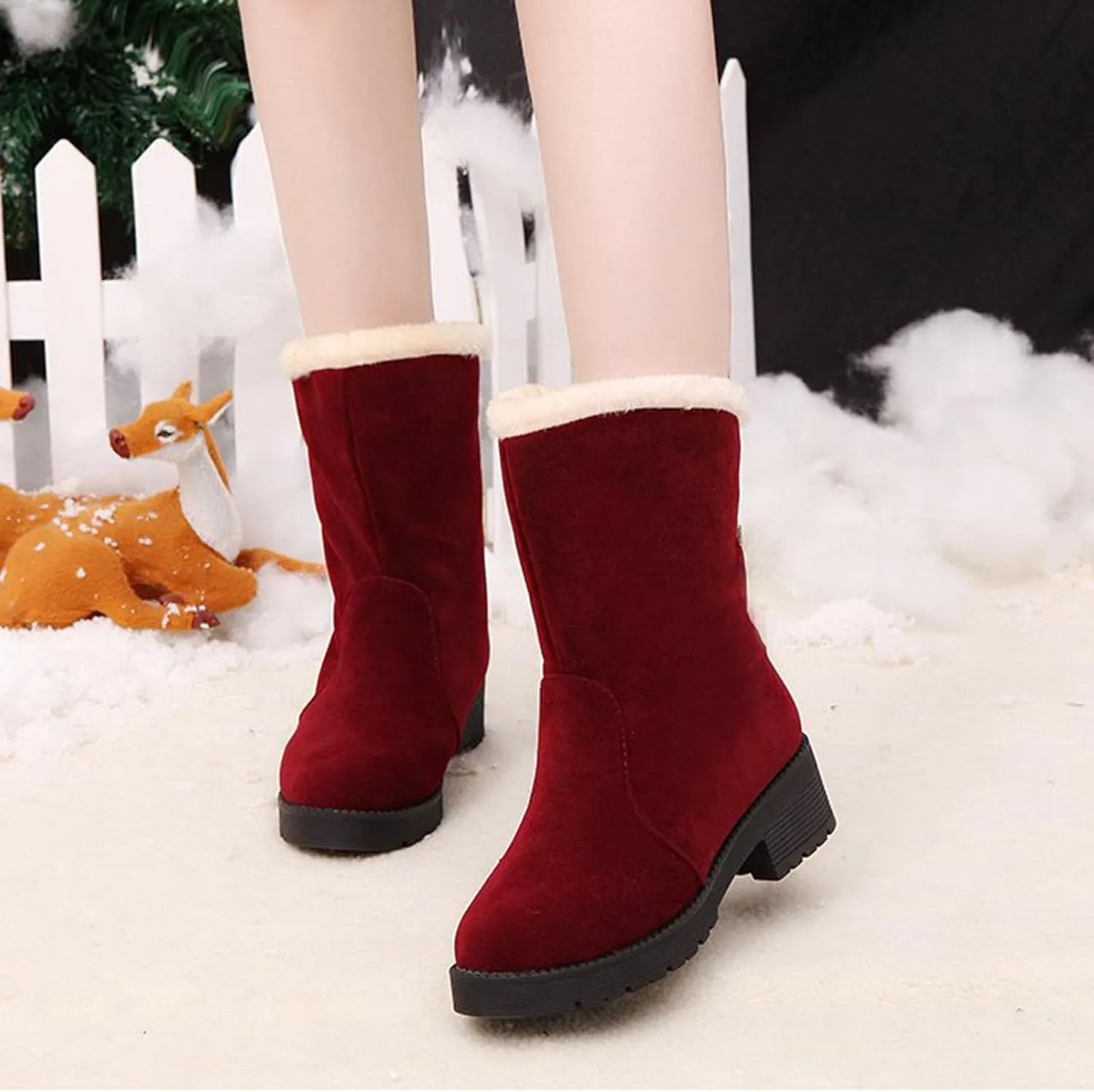 Ctreela Slouchy Mid-Calf Snow Boots for Women Slip on Outdoor Winter Booties Fur Warm Lined Comfort Wide Calf Combat Boot
