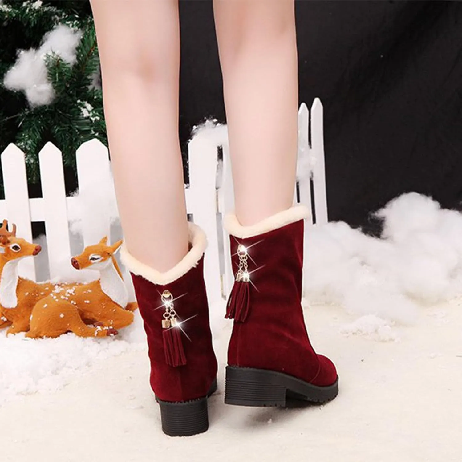 Ctreela Slouchy Mid-Calf Snow Boots for Women Slip on Outdoor Winter Booties Fur Warm Lined Comfort Wide Calf Combat Boot