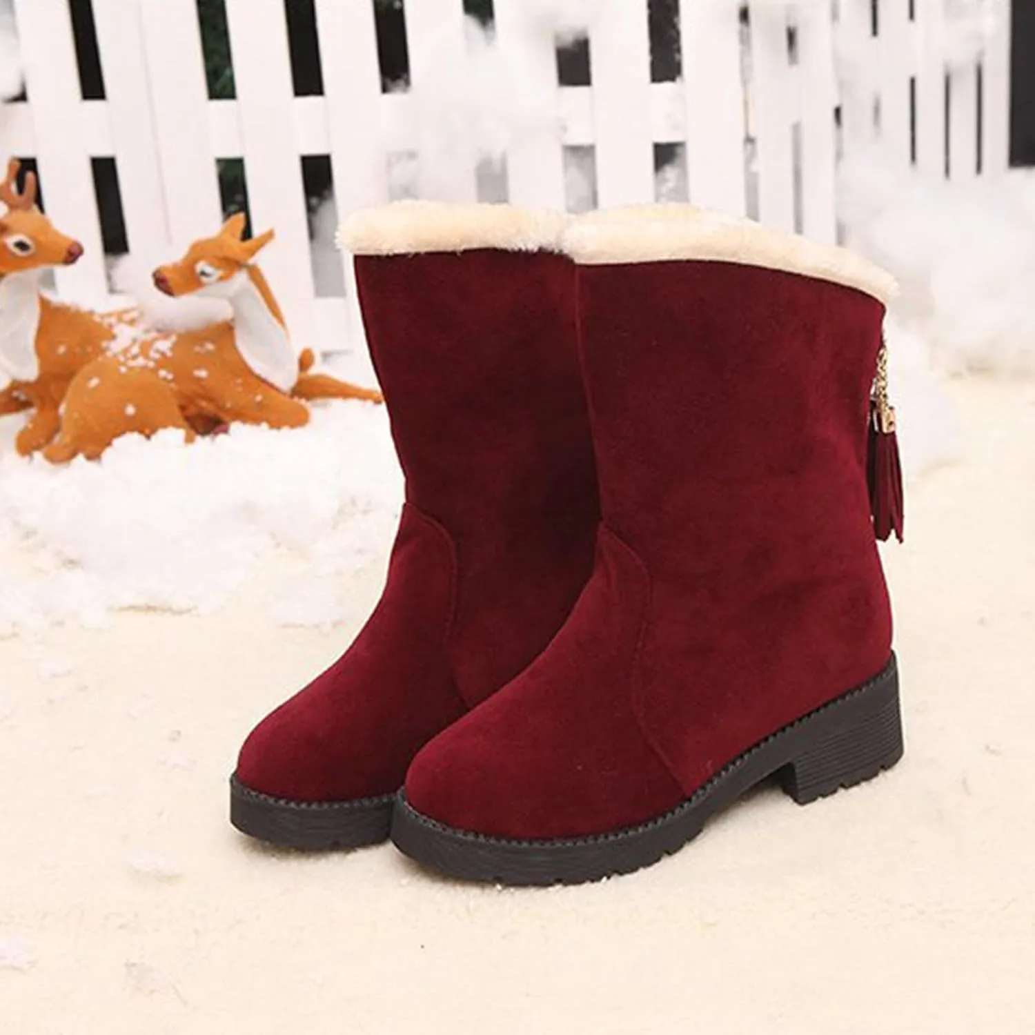 Ctreela Slouchy Mid-Calf Snow Boots for Women Slip on Outdoor Winter Booties Fur Warm Lined Comfort Wide Calf Combat Boot
