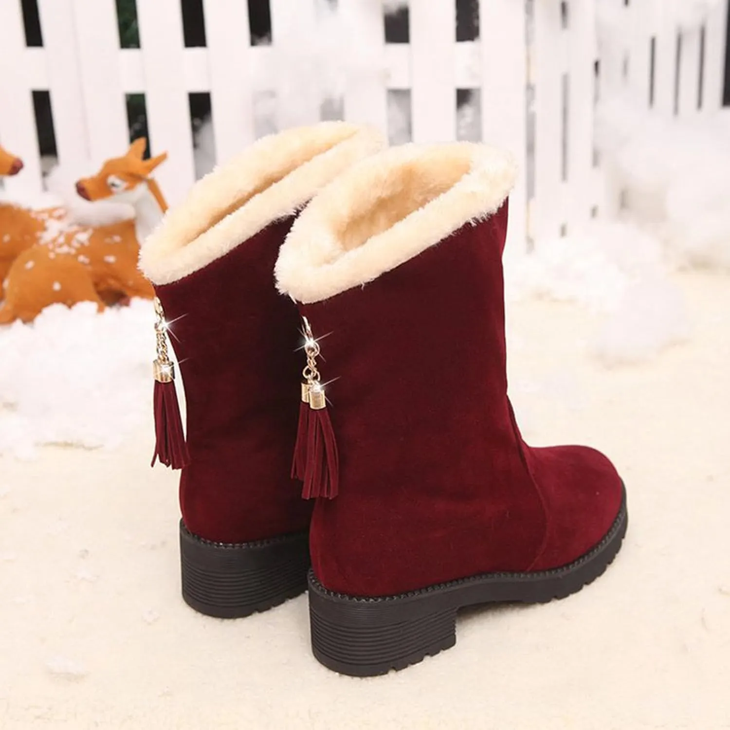 Ctreela Slouchy Mid-Calf Snow Boots for Women Slip on Outdoor Winter Booties Fur Warm Lined Comfort Wide Calf Combat Boot
