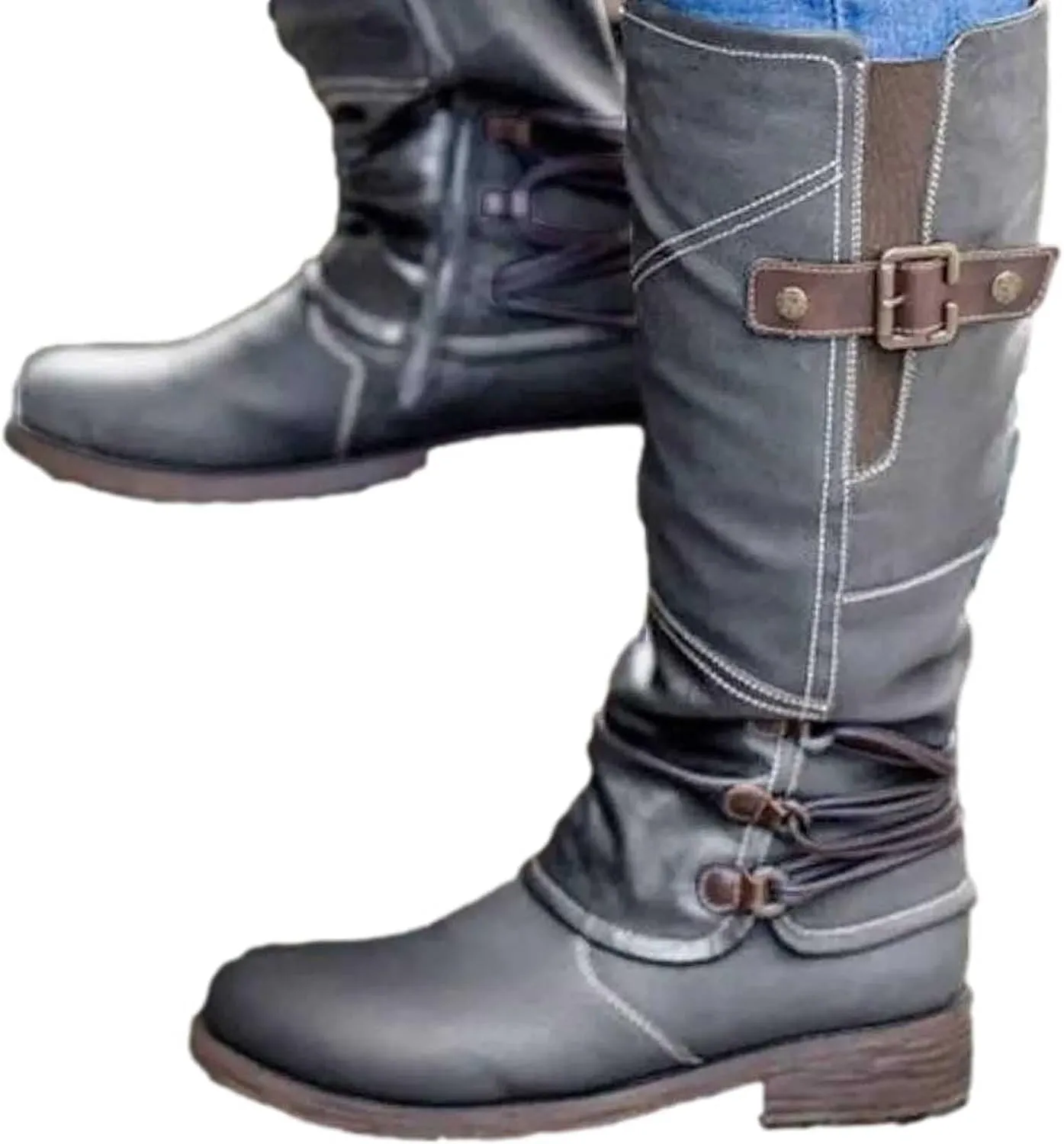 Ctreela Women's Vintage Mid-Calf Riding Boot Retro Round Toe Work Chunky Low Heel Western Booties Combat Motorcycle Boots
