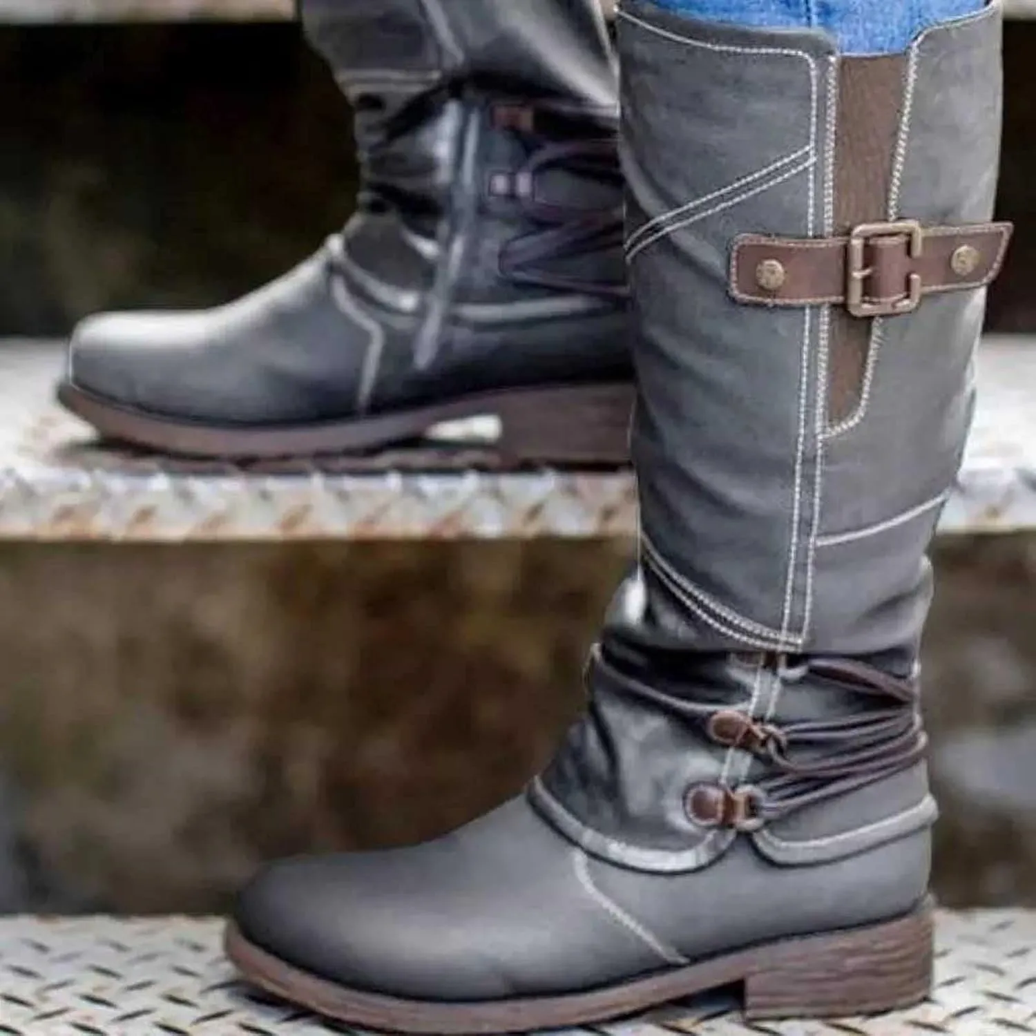 Ctreela Women's Vintage Mid-Calf Riding Boot Retro Round Toe Work Chunky Low Heel Western Booties Combat Motorcycle Boots