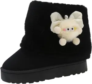 Cute Platform Boots Women's Snow Boots Chunky Winter Shoes Aesthetic Bow Pearl Thick Sole Kawaii Fuzzy Plush Fluffy