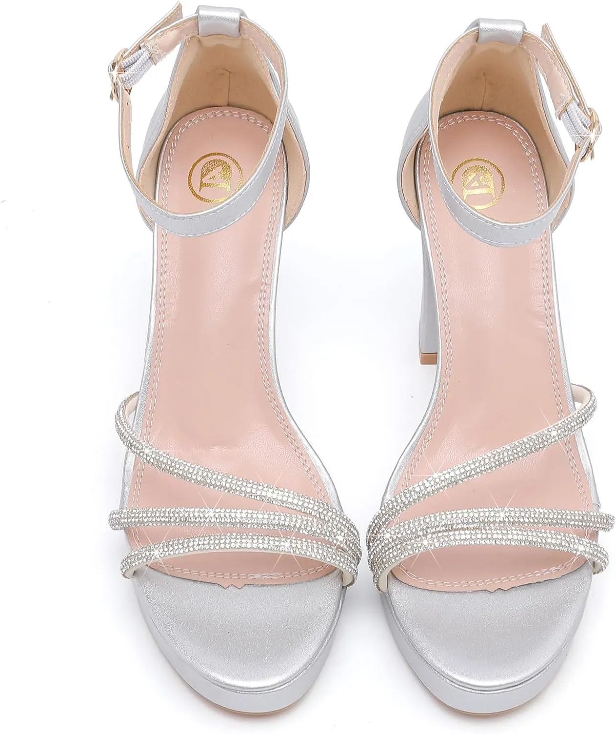 DADAWEN Platform Heels for Women Strappy Open Toe Rhinestone Block Chunky High heels Sandals Ankle Strap Heeled Sandals Wedding Party Dress Pumps Shoes