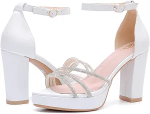 DADAWEN Platform Heels for Women Strappy Open Toe Rhinestone Block Chunky High heels Sandals Ankle Strap Heeled Sandals Wedding Party Dress Pumps Shoes