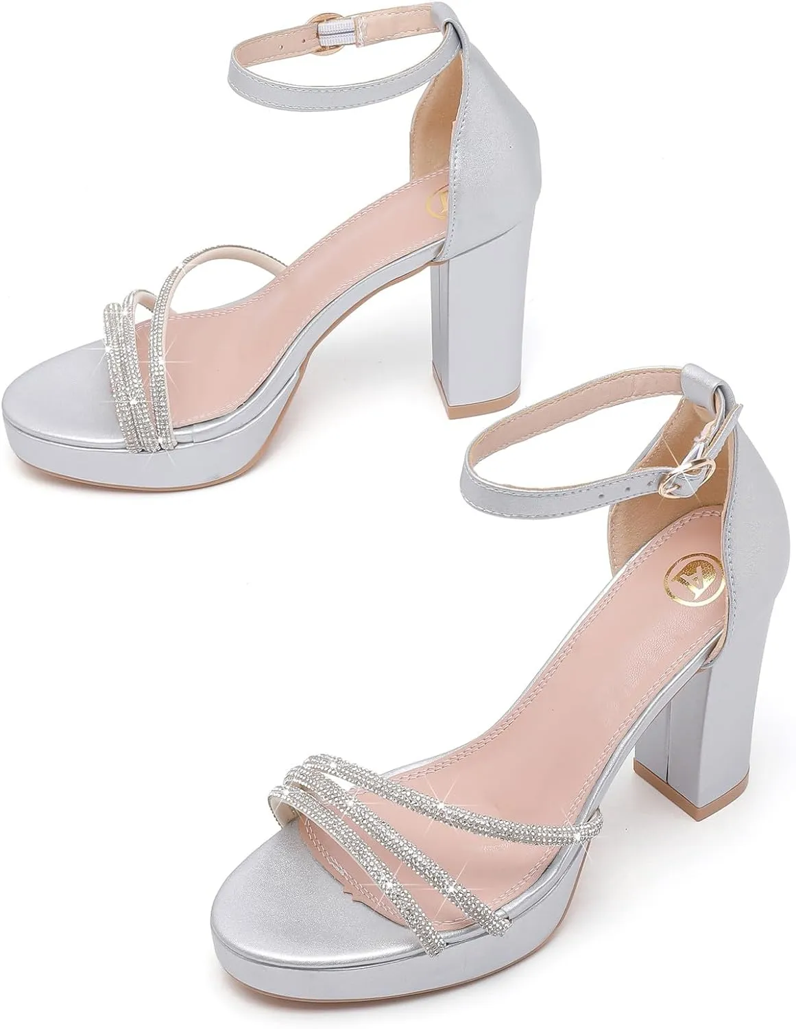 DADAWEN Platform Heels for Women Strappy Open Toe Rhinestone Block Chunky High heels Sandals Ankle Strap Heeled Sandals Wedding Party Dress Pumps Shoes