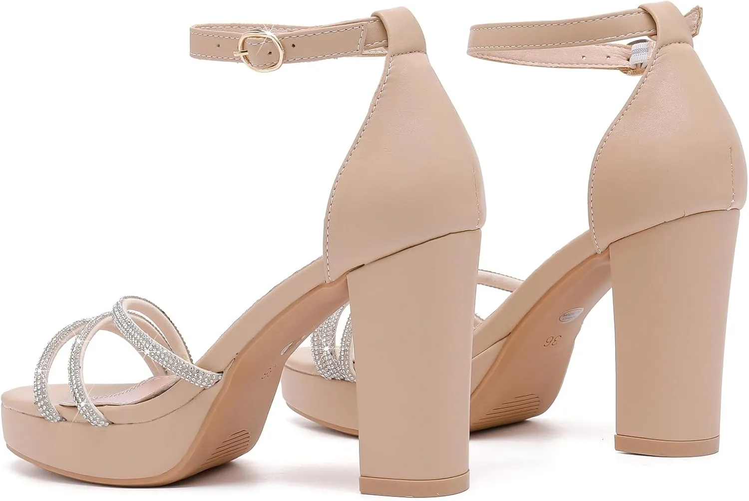 DADAWEN Platform Heels for Women Strappy Open Toe Rhinestone Block Chunky High heels Sandals Ankle Strap Heeled Sandals Wedding Party Dress Pumps Shoes