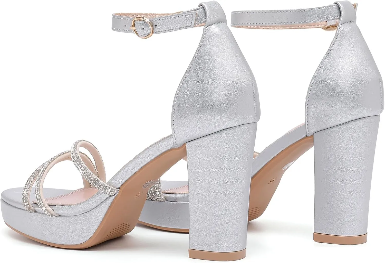 DADAWEN Platform Heels for Women Strappy Open Toe Rhinestone Block Chunky High heels Sandals Ankle Strap Heeled Sandals Wedding Party Dress Pumps Shoes