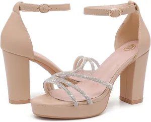 DADAWEN Platform Heels for Women Strappy Open Toe Rhinestone Block Chunky High heels Sandals Ankle Strap Heeled Sandals Wedding Party Dress Pumps Shoes