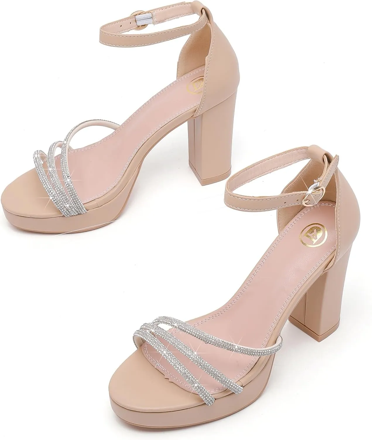 DADAWEN Platform Heels for Women Strappy Open Toe Rhinestone Block Chunky High heels Sandals Ankle Strap Heeled Sandals Wedding Party Dress Pumps Shoes