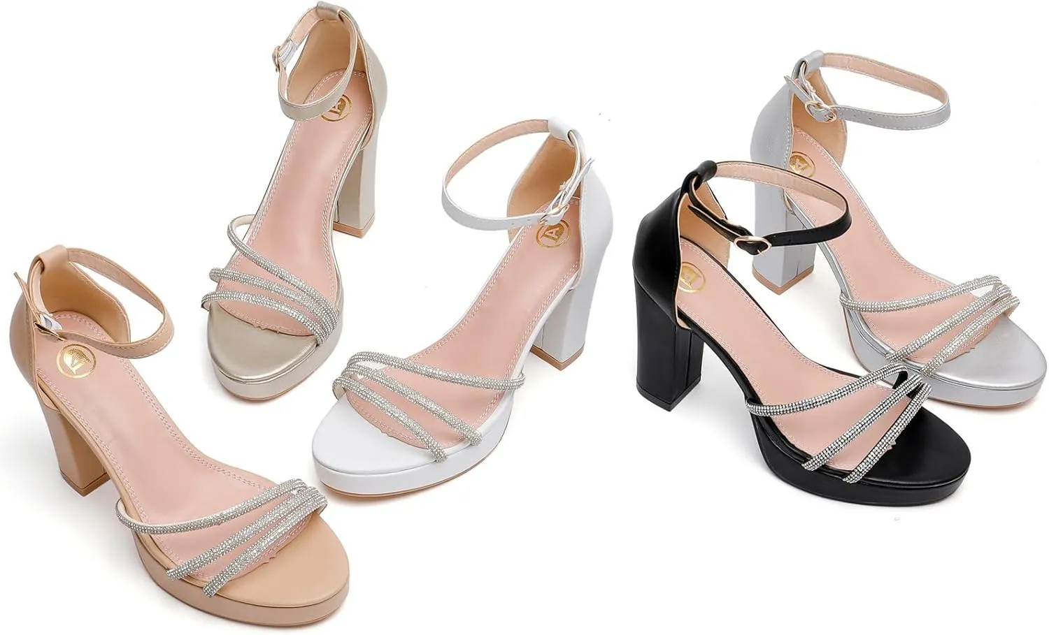 DADAWEN Platform Heels for Women Strappy Open Toe Rhinestone Block Chunky High heels Sandals Ankle Strap Heeled Sandals Wedding Party Dress Pumps Shoes