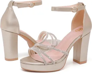 DADAWEN Platform Heels for Women Strappy Open Toe Rhinestone Block Chunky High heels Sandals Ankle Strap Heeled Sandals Wedding Party Dress Pumps Shoes