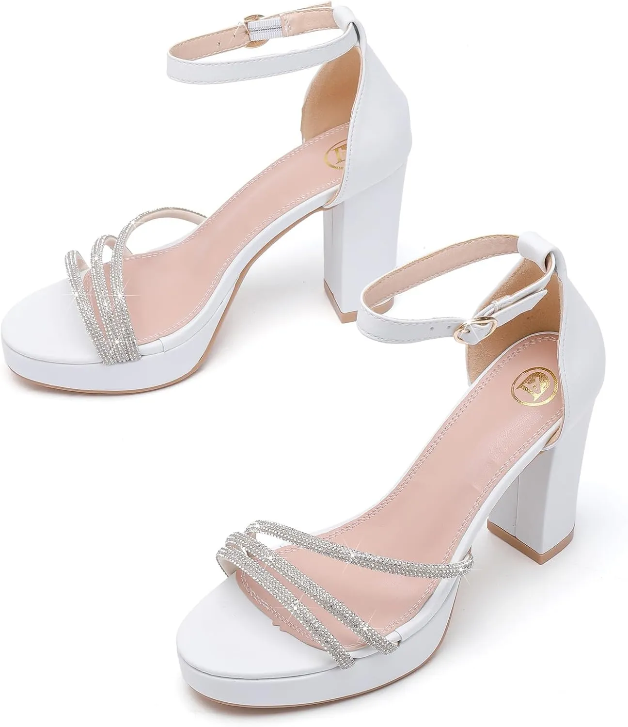 DADAWEN Platform Heels for Women Strappy Open Toe Rhinestone Block Chunky High heels Sandals Ankle Strap Heeled Sandals Wedding Party Dress Pumps Shoes