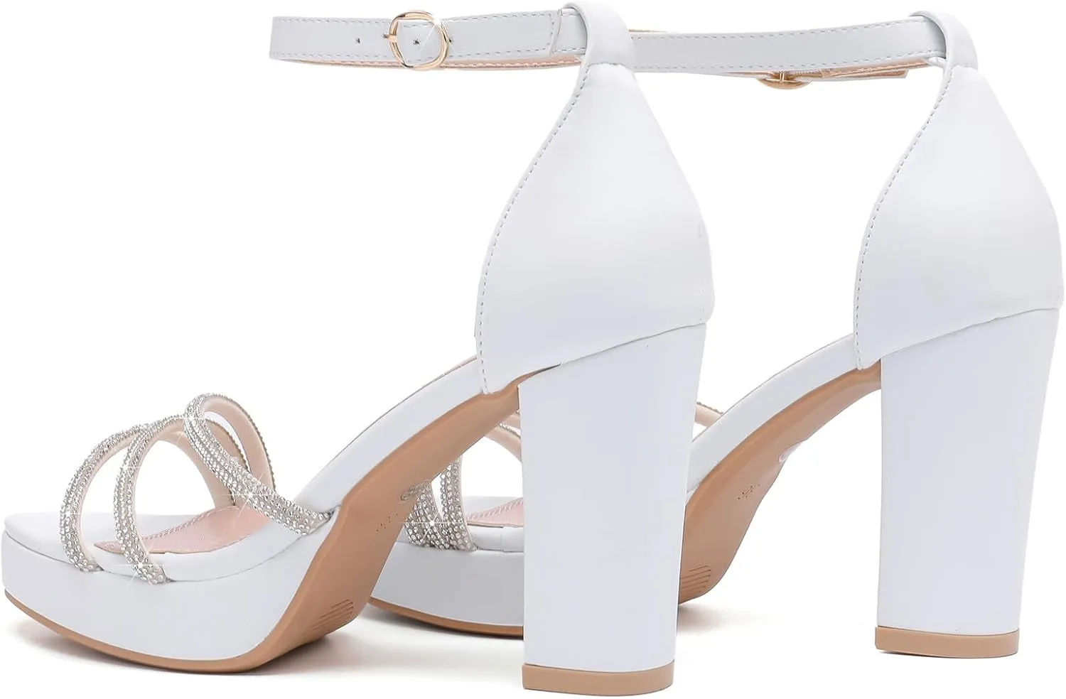 DADAWEN Platform Heels for Women Strappy Open Toe Rhinestone Block Chunky High heels Sandals Ankle Strap Heeled Sandals Wedding Party Dress Pumps Shoes