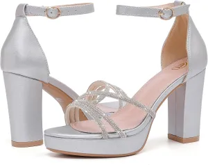DADAWEN Platform Heels for Women Strappy Open Toe Rhinestone Block Chunky High heels Sandals Ankle Strap Heeled Sandals Wedding Party Dress Pumps Shoes