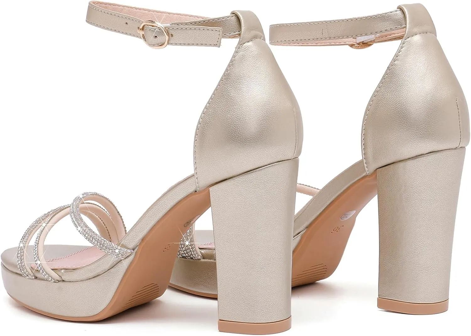 DADAWEN Platform Heels for Women Strappy Open Toe Rhinestone Block Chunky High heels Sandals Ankle Strap Heeled Sandals Wedding Party Dress Pumps Shoes