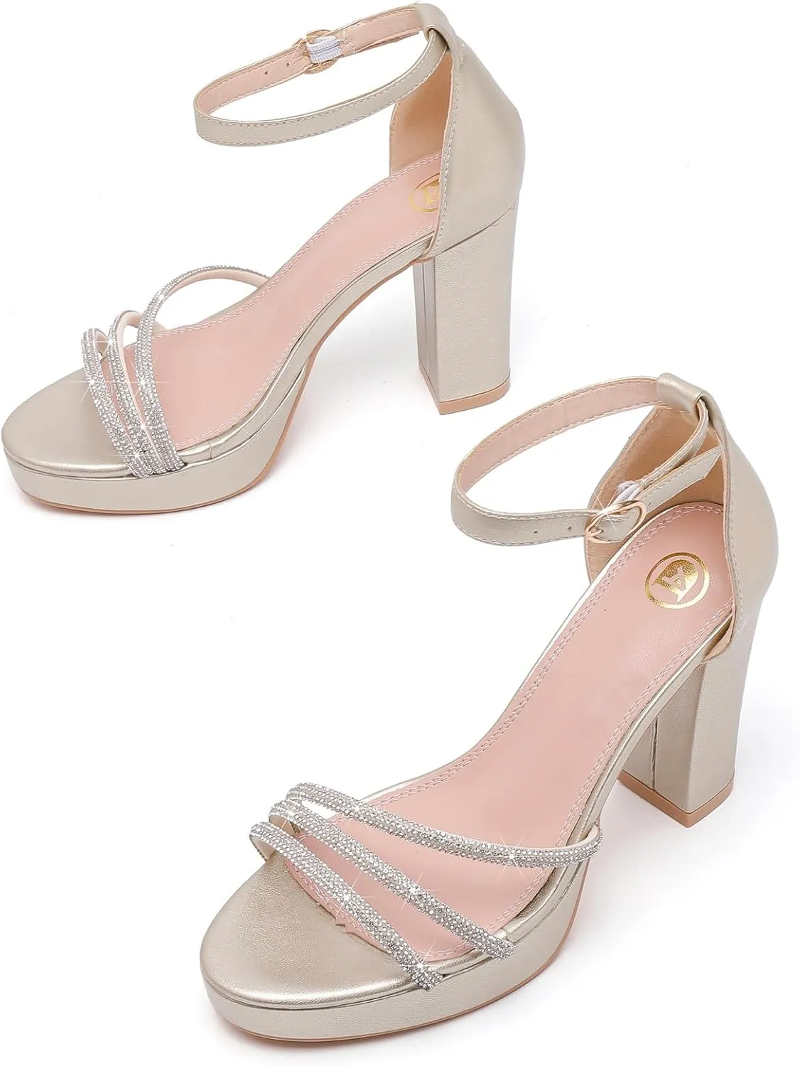DADAWEN Platform Heels for Women Strappy Open Toe Rhinestone Block Chunky High heels Sandals Ankle Strap Heeled Sandals Wedding Party Dress Pumps Shoes