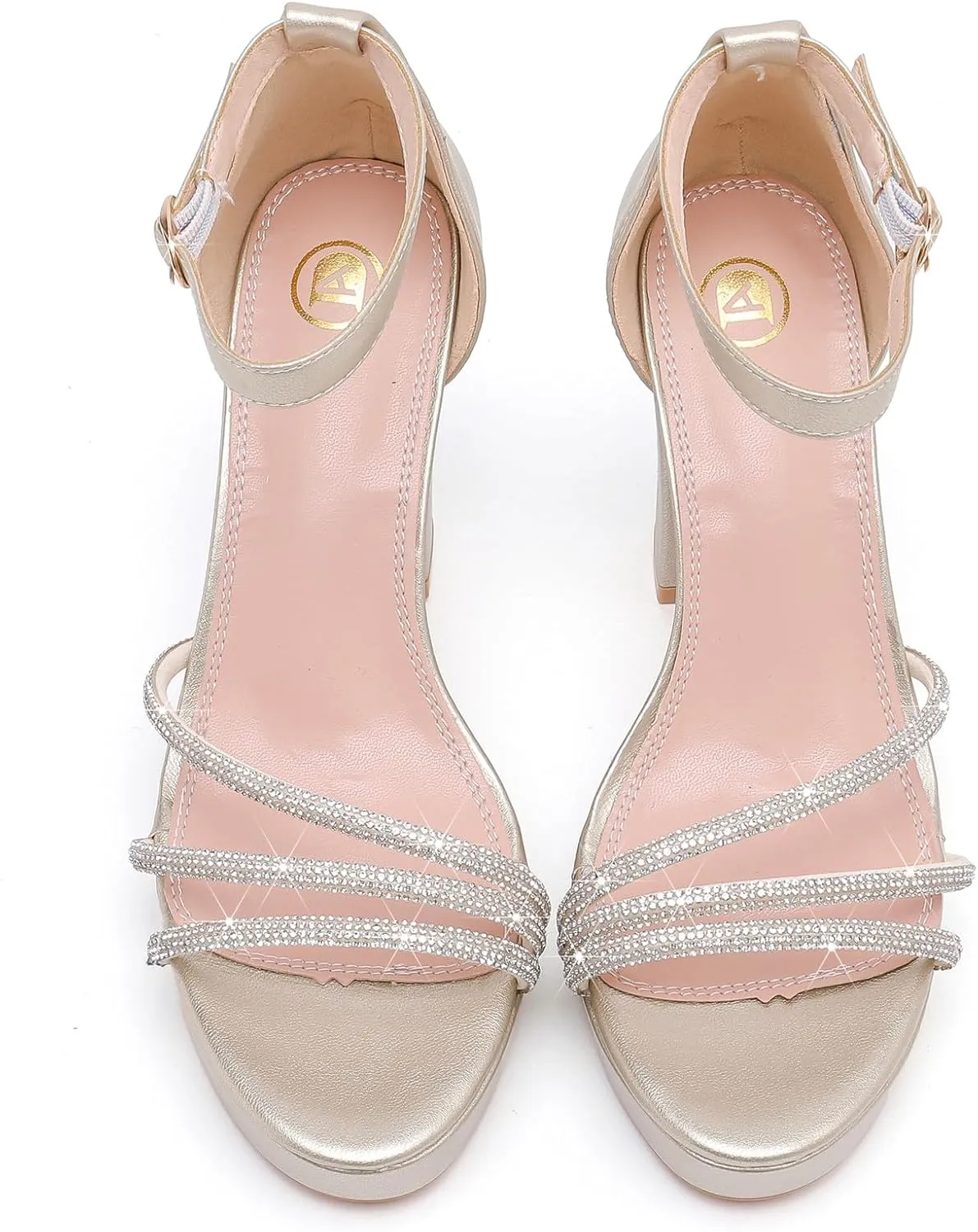 DADAWEN Platform Heels for Women Strappy Open Toe Rhinestone Block Chunky High heels Sandals Ankle Strap Heeled Sandals Wedding Party Dress Pumps Shoes