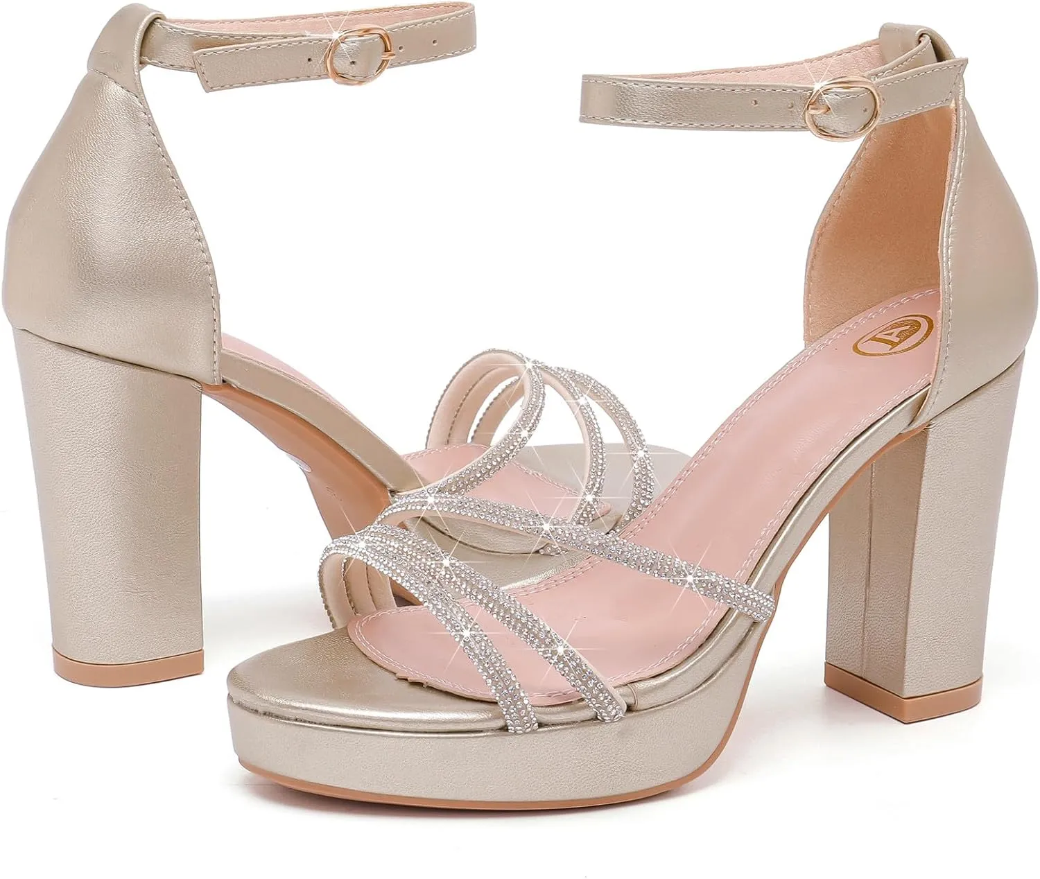 DADAWEN Platform Heels for Women Strappy Open Toe Rhinestone Block Chunky High heels Sandals Ankle Strap Heeled Sandals Wedding Party Dress Pumps Shoes