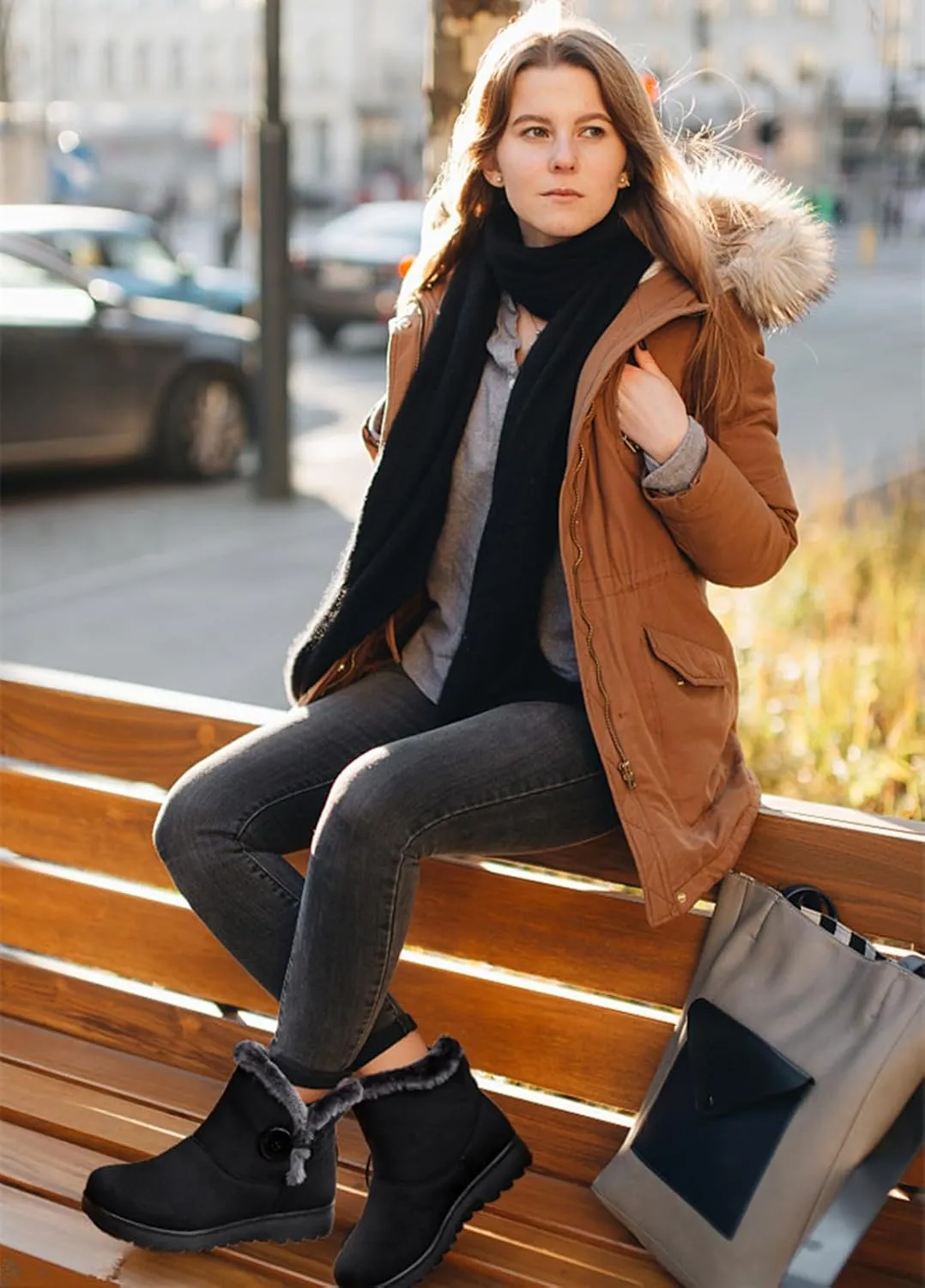 DADAWEN Women's Winter Warm Fur Lined Snow Boots Side Zipper Ankle Boots Outdoor Booties Comfortable Boots for Women