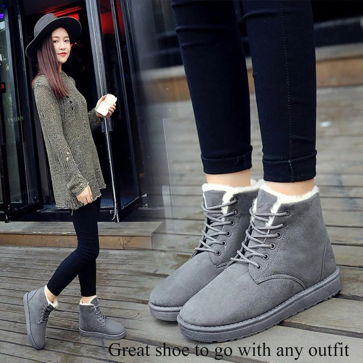 DevilAngel Women's winter suede waterproof snow boots, lace-up warm fur lined platform ankle boots
