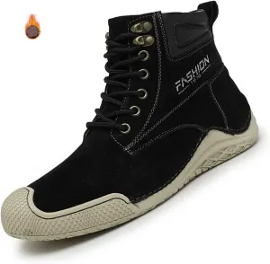 DirraBra Men's Retro Leather High Top Hiking Sneakers Fashion Warm Fur Lined Outdoor Waterproof Non-Slip Traing Snow Chukka Boots