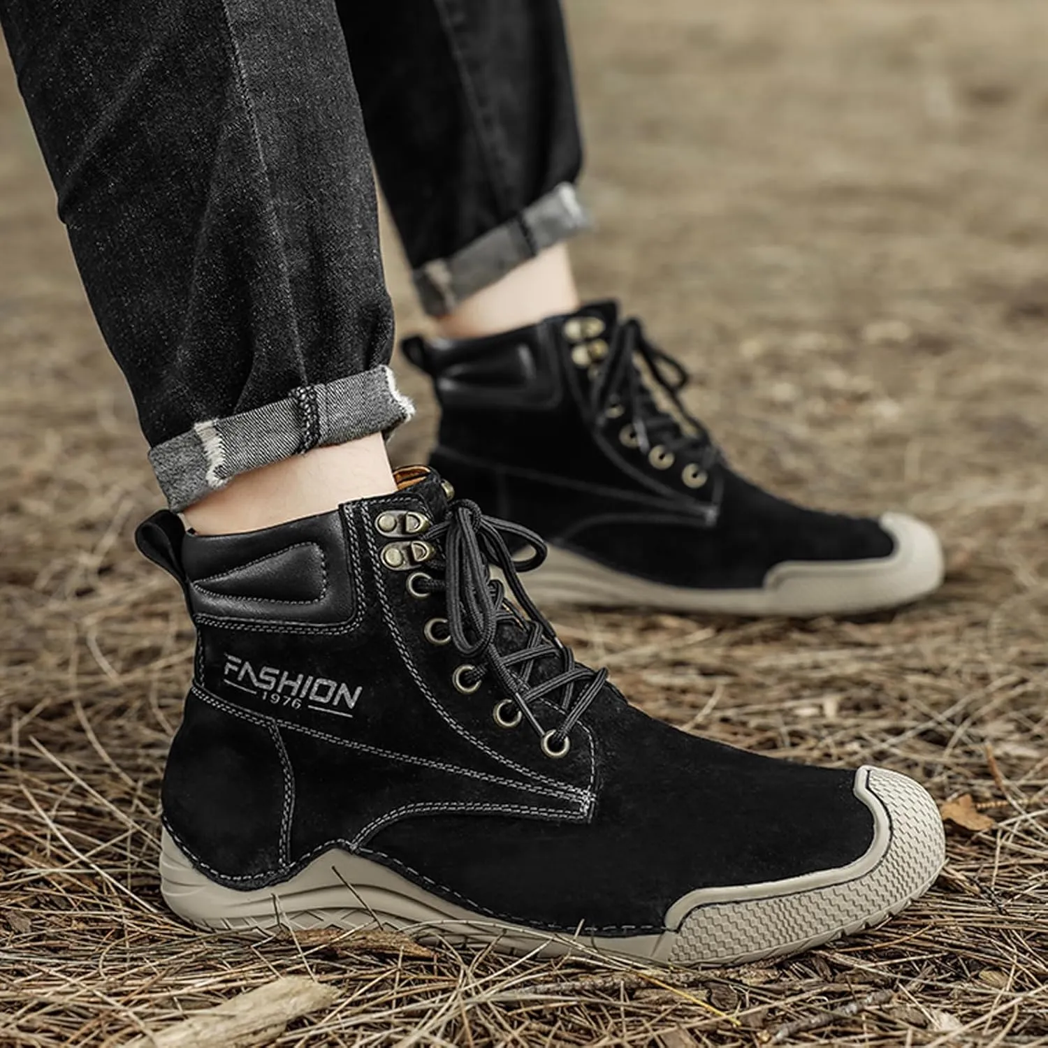 DirraBra Men's Retro Leather High Top Hiking Sneakers Fashion Warm Fur Lined Outdoor Waterproof Non-Slip Traing Snow Chukka Boots