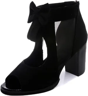 DirraBra Women's Open Toe Bowknot Block Heel Sandals Fashion Mesh Hollow Back Zipper High Heels Outdoor Casual All-Match High Heel Sandals