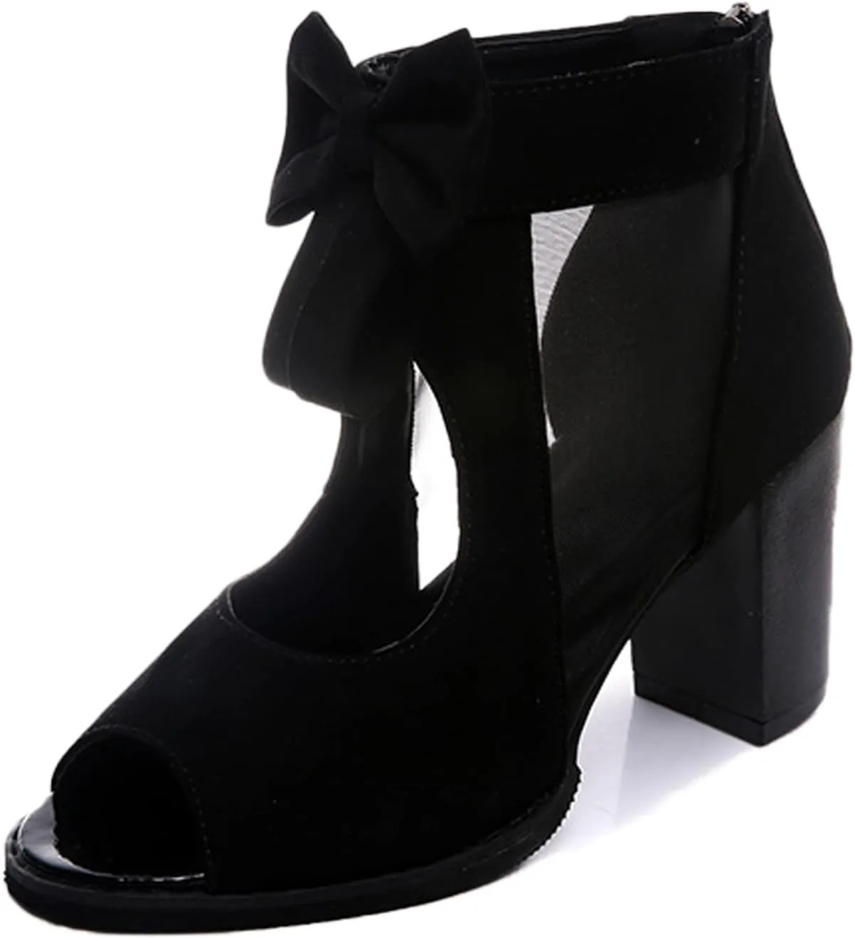 DirraBra Women's Open Toe Bowknot Block Heel Sandals Fashion Mesh Hollow Back Zipper High Heels Outdoor Casual All-Match High Heel Sandals