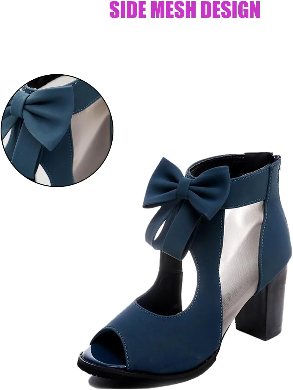 DirraBra Women's Open Toe Bowknot Block Heel Sandals Fashion Mesh Hollow Back Zipper High Heels Outdoor Casual All-Match High Heel Sandals