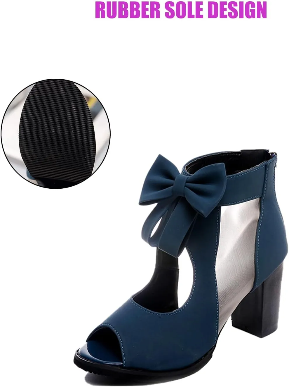 DirraBra Women's Open Toe Bowknot Block Heel Sandals Fashion Mesh Hollow Back Zipper High Heels Outdoor Casual All-Match High Heel Sandals