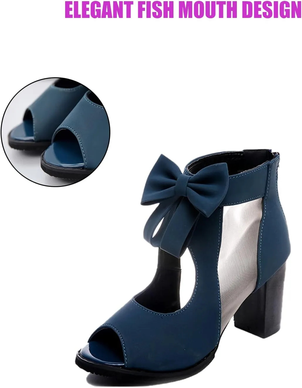 DirraBra Women's Open Toe Bowknot Block Heel Sandals Fashion Mesh Hollow Back Zipper High Heels Outdoor Casual All-Match High Heel Sandals