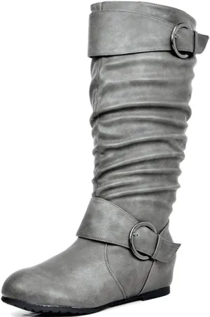 DREAM PAIRS Women's Wide Calf Knee High Boots, Fur-lined Low Hidden Wedge Boots